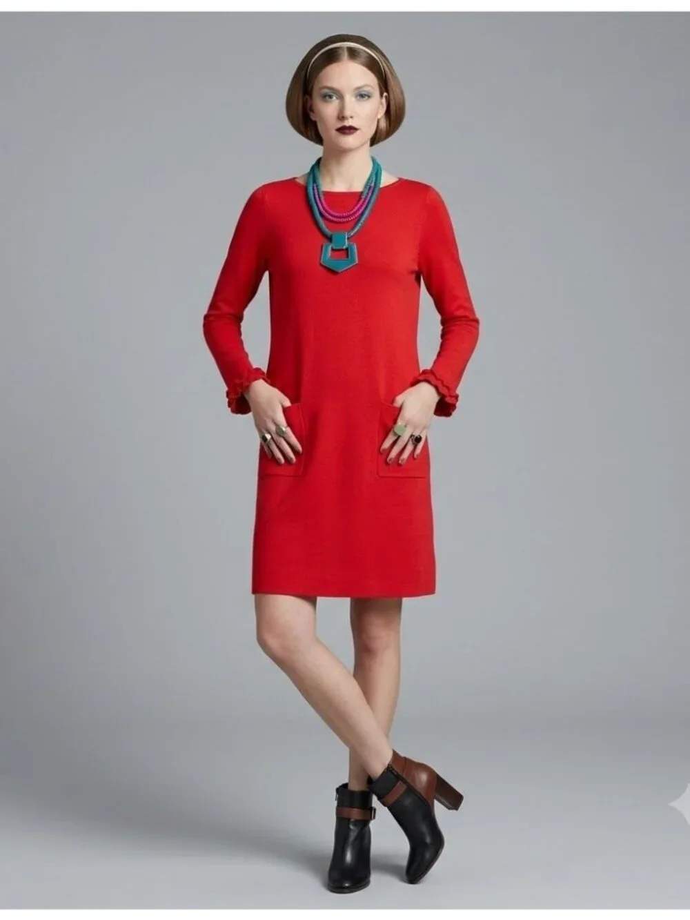 Tabitha Webb Red Shift Dress Womens Size S Long Sleeve Pockets